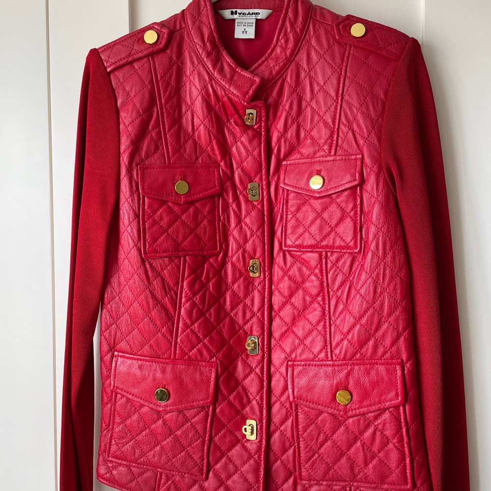 Red Leather Jacket Quilted Design with Gold accents